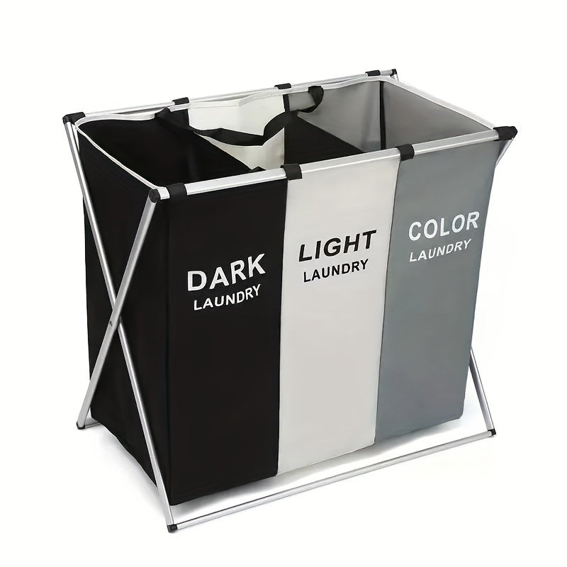 Durable foldable laundry hamper with large capacity and 2/3 compartments, made of aluminum & Oxford cloth. Easy to assemble with utility hooks.