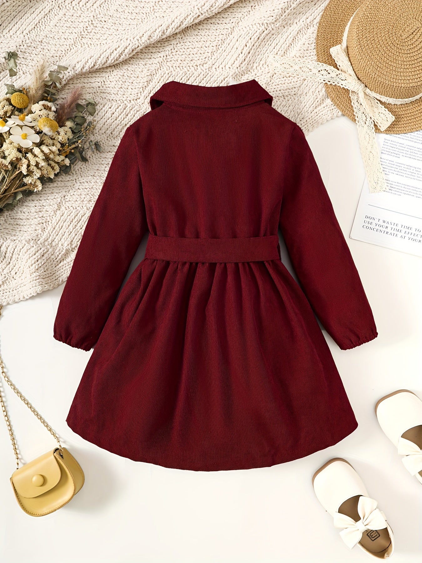 Toddler Girls' Solid Half Button Lapel Dress With Bow Belt for Parties and Winter Events