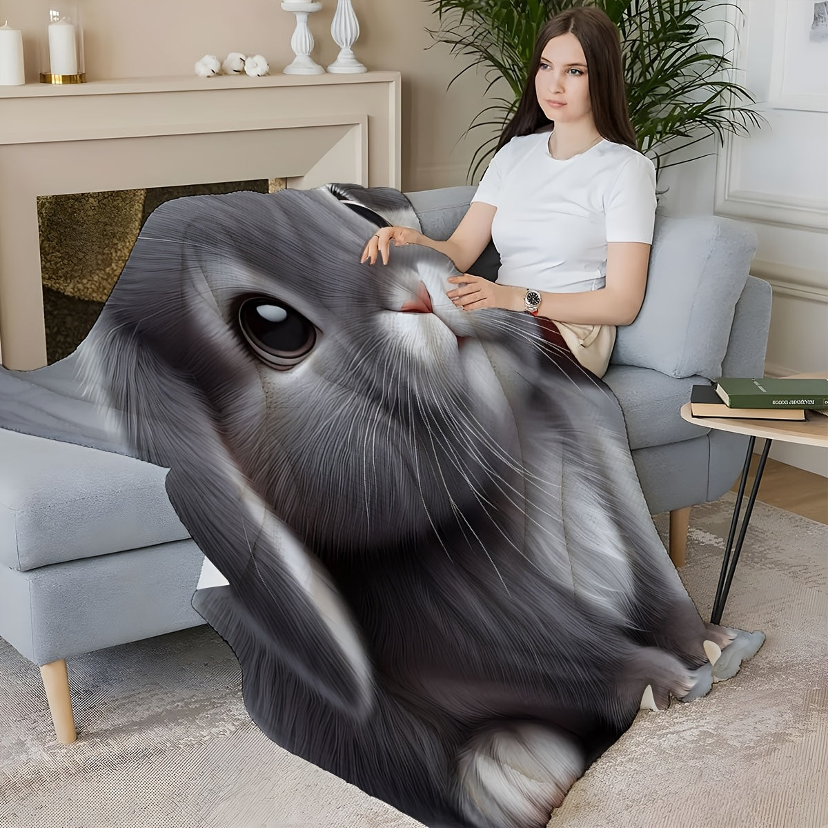 Soft, cuddly Gray Rabbit 3D Cartoon Plush Blanket - Suitable for year-round use, ideal for couch, trips, bedroom, car, work - Made from cozy polyester material