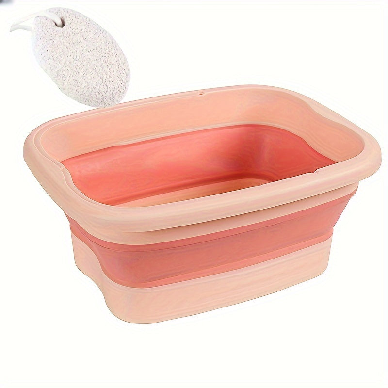 Portable folding foot soak bath tub with lid for deep immersion foot massage. Durable home spa accessory with unscented basin and non-electric manual massage surface. Includes foot file and