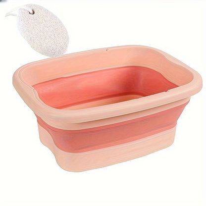 Portable folding foot soak bath tub with lid for deep immersion foot massage. Durable home spa accessory with unscented basin and non-electric manual massage surface. Includes foot file and