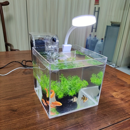 Small acrylic fish tank with USB power, seaweed breeding system, built-in lights and filtration. Suitable for indoor home or office decoration. Made of PMMA material. Voltage ≤36V.