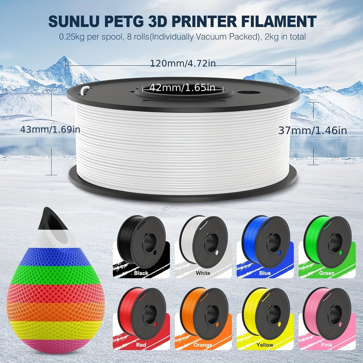 SUNLU PETG 3D Printer Filament Set, 1.75mm, 2kg Total (0.25kg Each), Vacuum Sealed, 8 Pack Multi-Color, Good Adhesion, Less Warping, Smooth Print Material