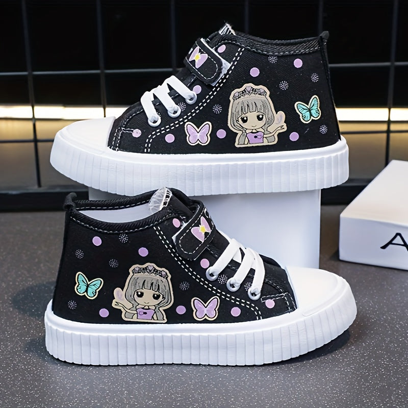 Cute high-top canvas shoes for girls featuring cartoon character, durable sole, and breathable design - perfect for everyday wear in spring and autumn.