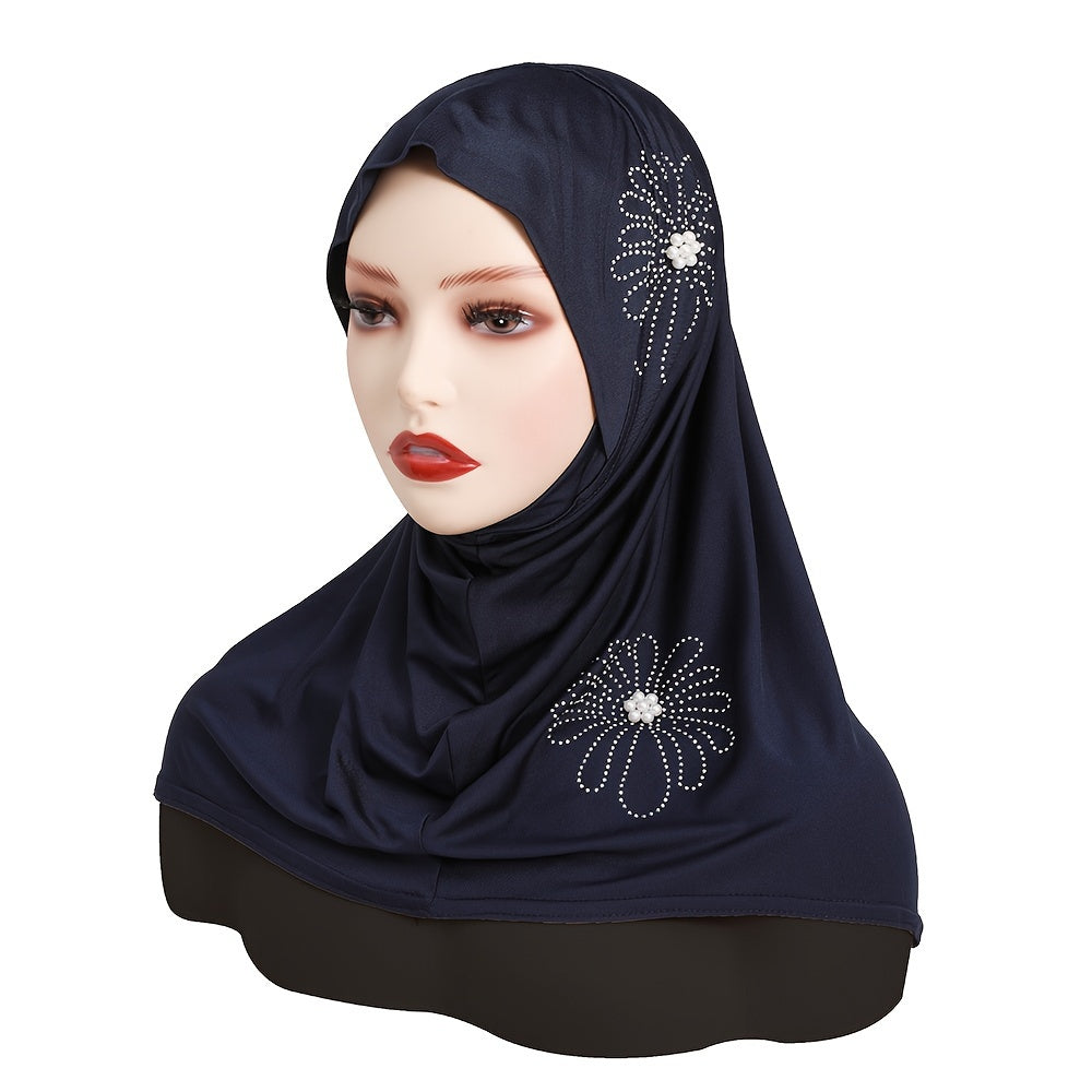 Women's Solid Color Elastic Polyester Hijab with Rhinestone and Pearl accents, full coverage chin cap, easy wear instant scarf for casual use, 100% polyester woven fabric with decorative