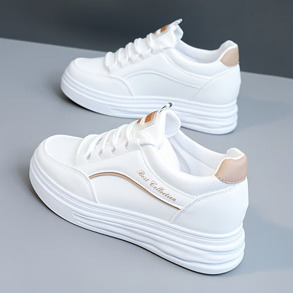 White lace-up sneakers with thick soles, perfect for casual wear.