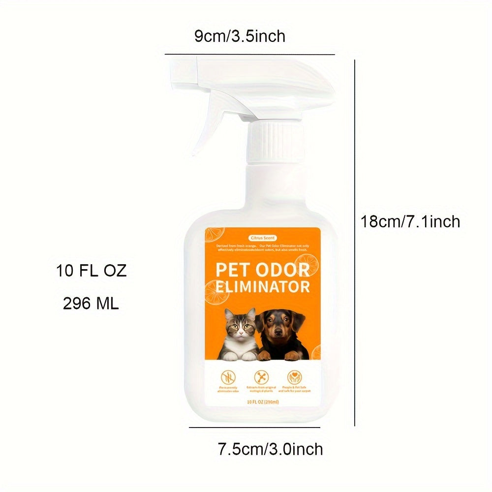 Enzymatic pet odor eliminator spray for dog and cat urine, stains, and smells. Can be used on carpets, upholstery, hardwood, tile, artificial grass, garbage cans, diaper pails, and laundry.