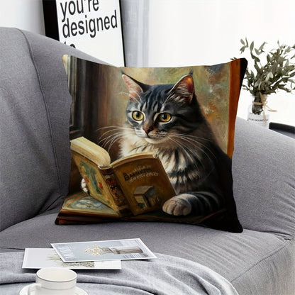 Peach skin pillowcase with cute cat reading book design, ideal for home, car, or living room decoration