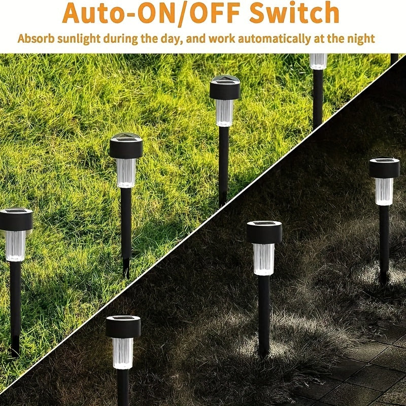 10-pack of solar landscape lights for outdoor lighting, perfect for paths, patios, lawns, and driveways. Features plastic construction, semi-embedded installation, switch control, removable