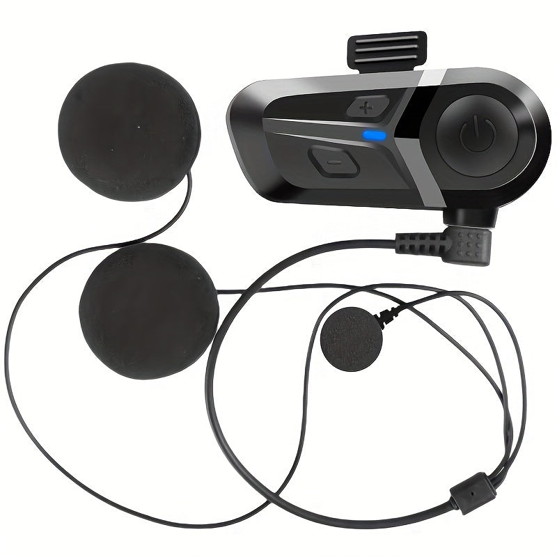 Wireless motorcycle helmet headset with music player, call control, and rechargeable Type-C. Non-waterproof plastic construction with data cable in OPP bag. Features versatile microphone