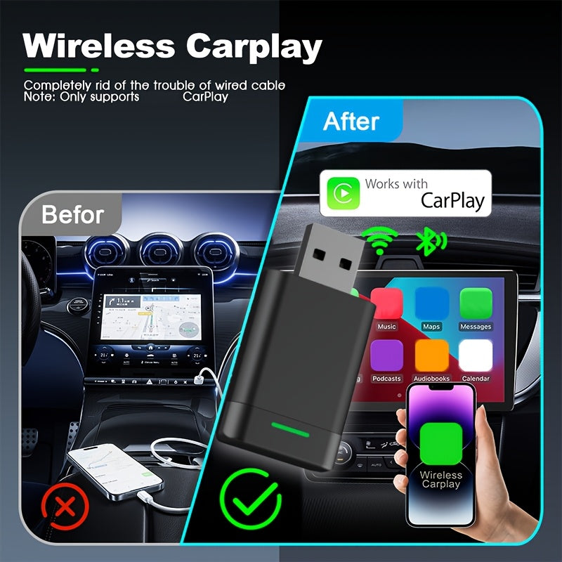 Compact 2-in-1 CarPlay Android Auto Adapter for wireless connectivity and quick pairing with no need for cables. Features USB charging, 4.8GHz WiFi, Wireless 5.0, and compatibility with