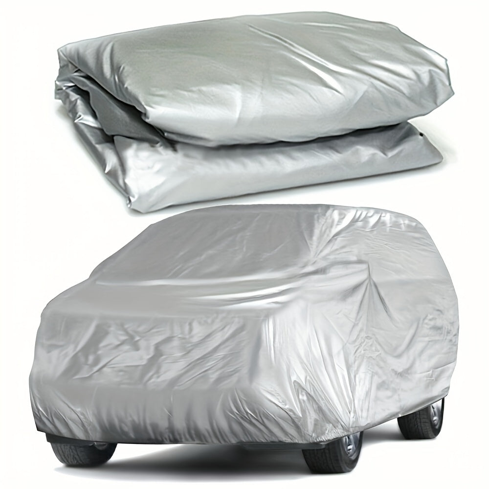 Silver car cover offers UV protection, heat insulation, and waterproofing with a metallic texture for full sunshade and dust cover.