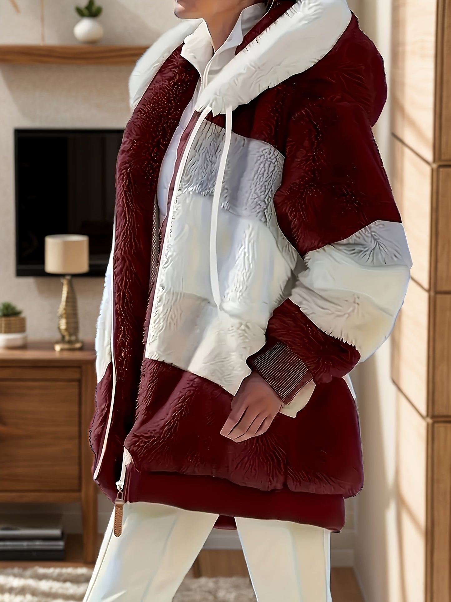 Winter lounge top for women with colorblock design, thick fleece, front zipper, hood, and drawstring coat. loungewear.