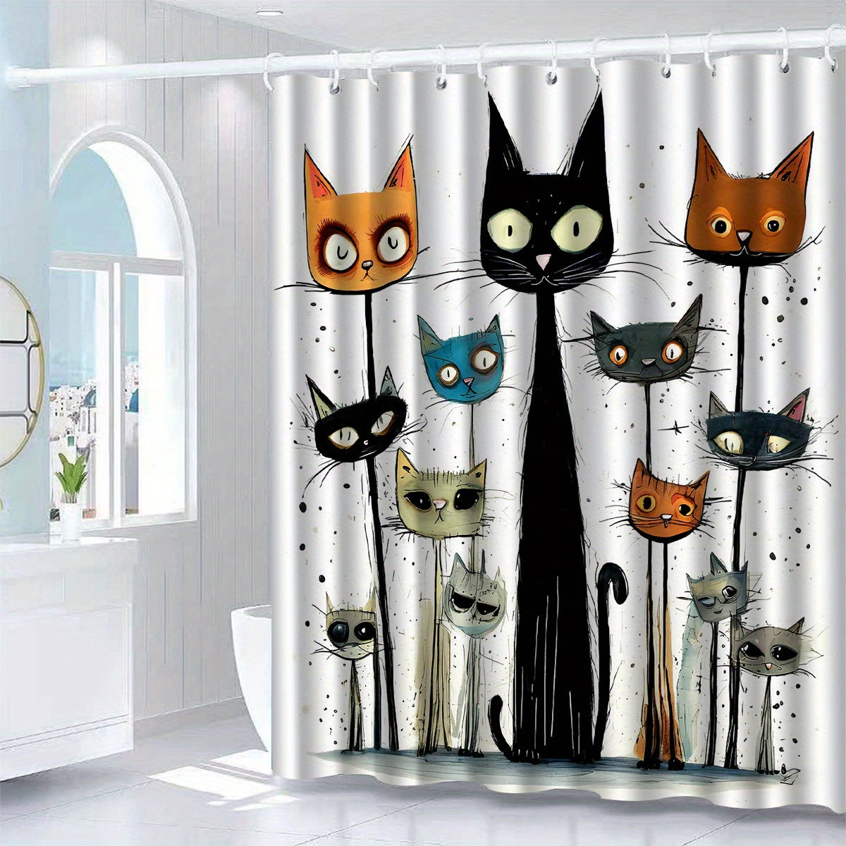 Water-resistant WhimsyCat shower curtain with artsy kitten design and hooks, machine washable and elegant for year-round bathroom decor.