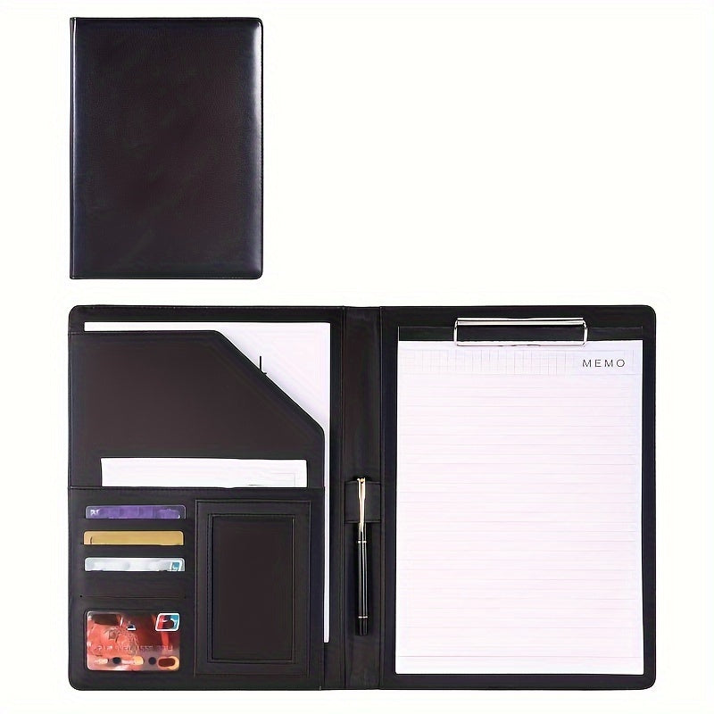 Black faux leather clipboard folder with resume & interview organizer, business card holder, pen loop, smartphone pocket - professional office accessory kit.