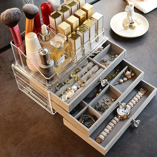 Luxurious Velvet Acrylic Jewelry Storage Box with 3 Drawers, Stackable and Displayable, Ideal for Women's Accessories.