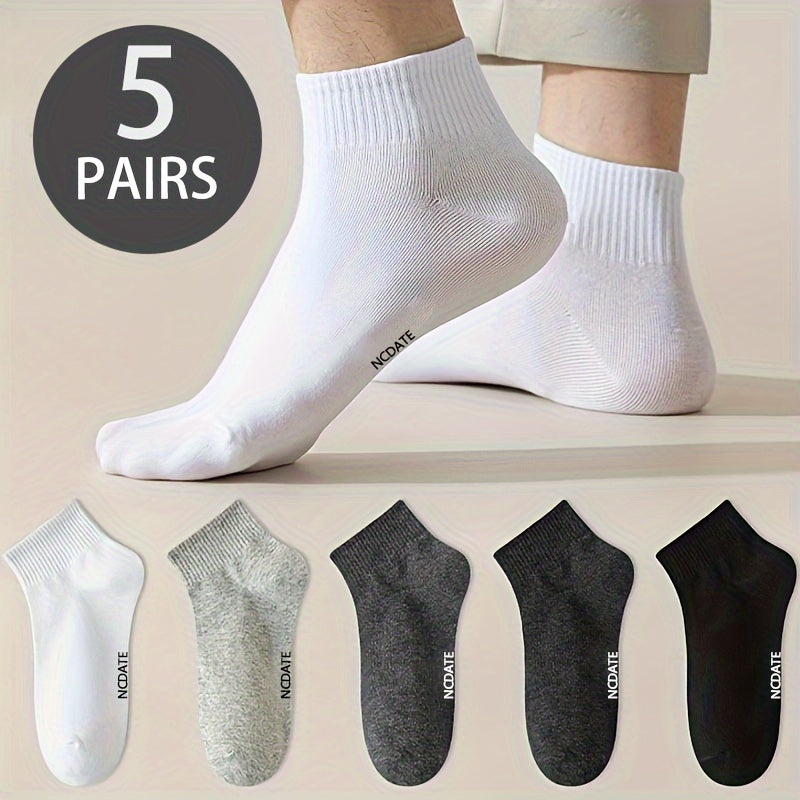 5 pairs of men's short crew socks for casual or sports use outdoors.