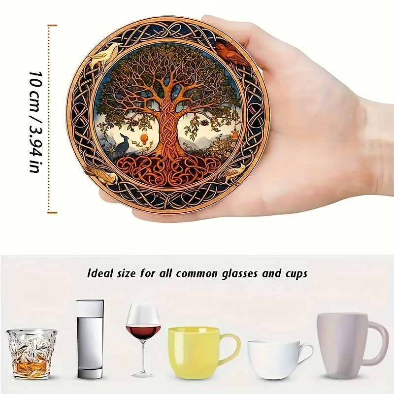 8pcs Tree of Life Wooden Coasters - Artistic Design, Ideal for Drinks, Coffee, Tea - Perfect Home or Restaurant Gift