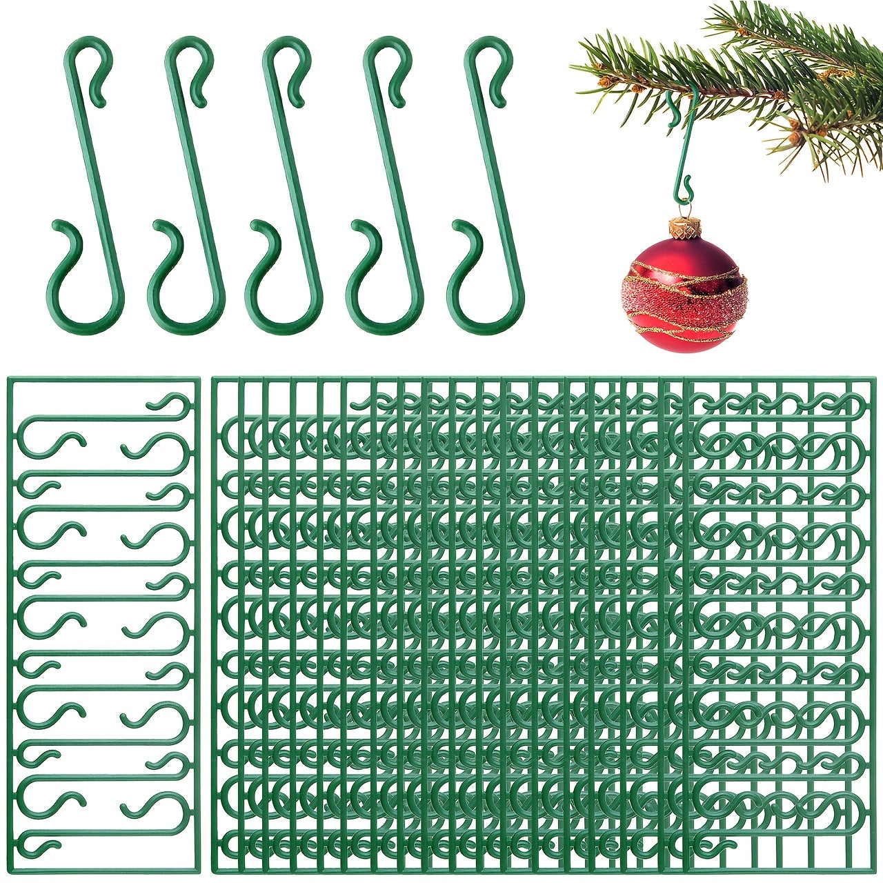 100/200pcs Reusable Green Plastic Christmas Ornament Hooks for Lights, Balls, and Tree Decorations - Suitable for Various Holidays and Parties.