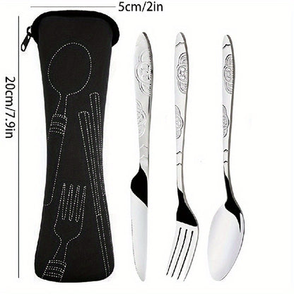 Premium stainless steel cutlery set includes knife, fork, spoon in chic case- perfect for camping and travel.