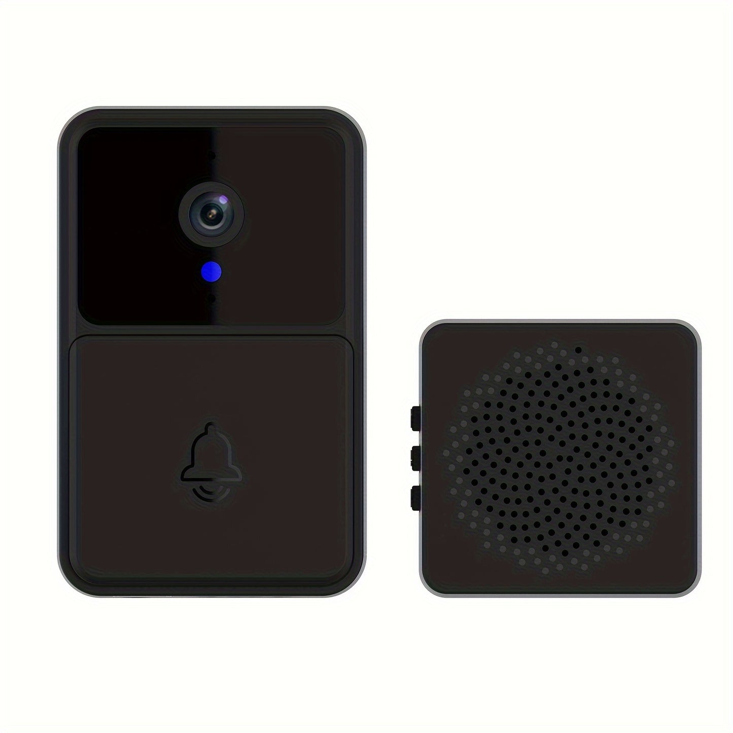 Smart WiFi doorbell with HD camera, two-way audio, night vision, motion detection, and black finish.