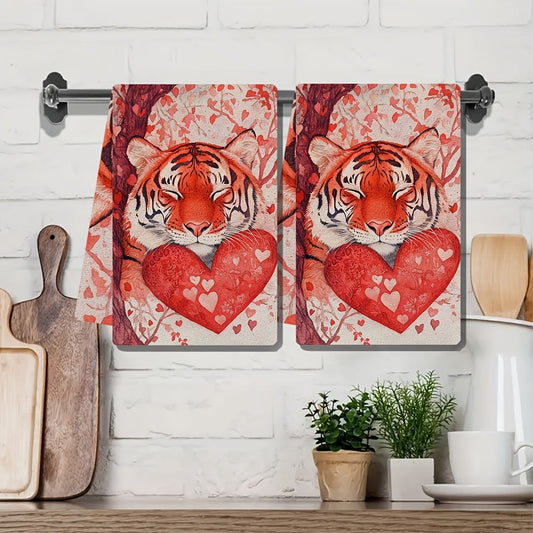 Valentine's Day Tiger Funny Tiger Kitchen Towels - Set of 2, Ultra Soft and Highly Absorbent Dish Hand Towels for Holiday Decor, Machine Washable, 16x24 Inch Dimensions - Item Number 2KYSYS1217648