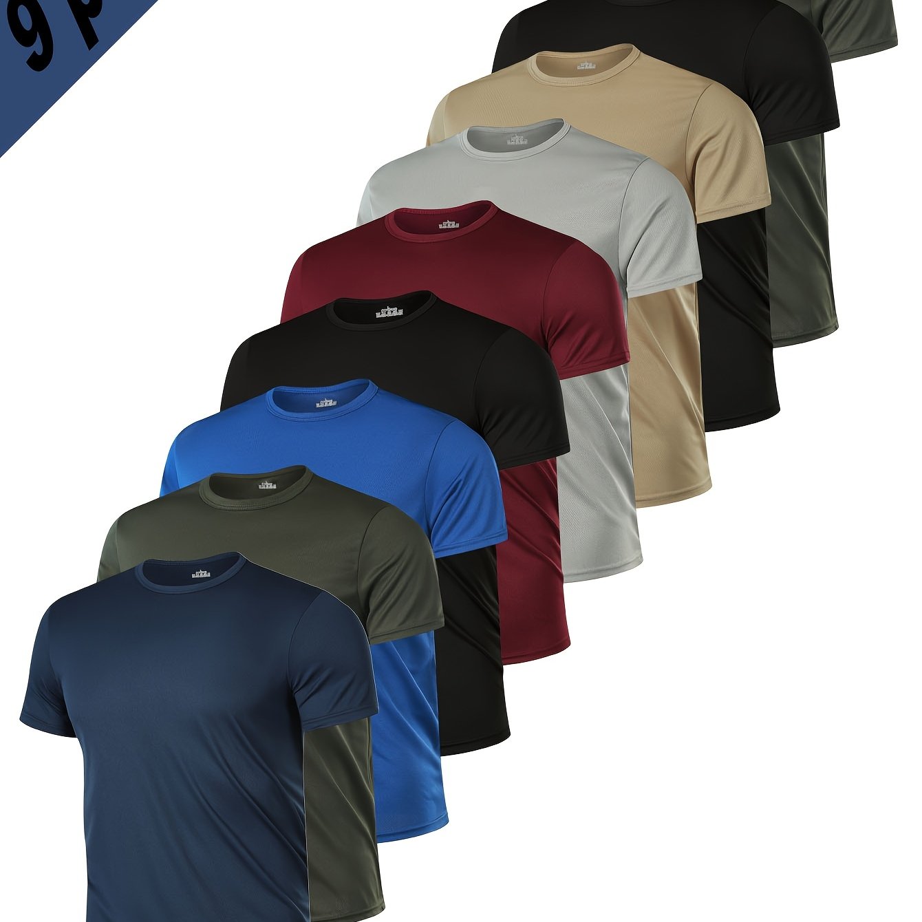 Erkaklar uchun Premium Qisqa Yengli T-Shirtlar, 9 dona - Havo o'tkazuvchi, Yengil va Tez quriydigan Polyester, Tasodifiy va Sport kiyimlari uchun Bir rangli, Yuqori bo'yin, Mashinada yuvish mumkin.