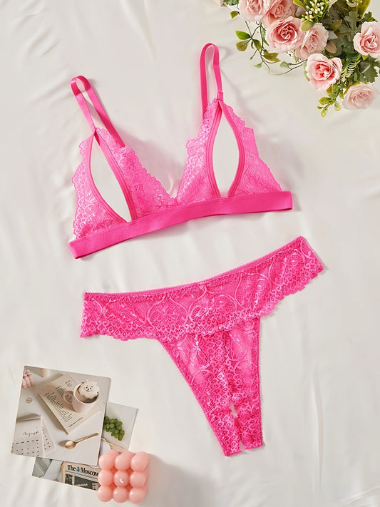 Floral lace lingerie set with open cup triangle bra and open crotch thong, sexy women's underwear.