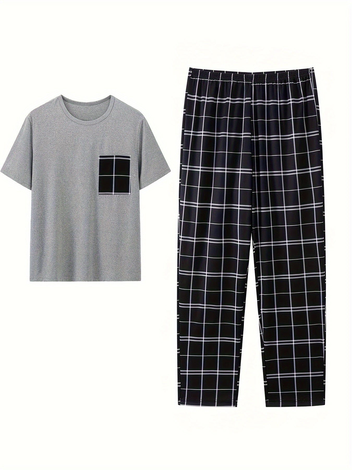 Men's comfortable minimalist style polyester pajama set includes a short sleeve gray tee, black and white checkered long pants with elastic waistband. Machine washable. Relax fit loungewear