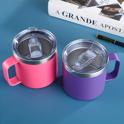 Stainless steel 14oz coffee mug with lid, double-walled vacuum insulation, ideal for hot or cold drinks.