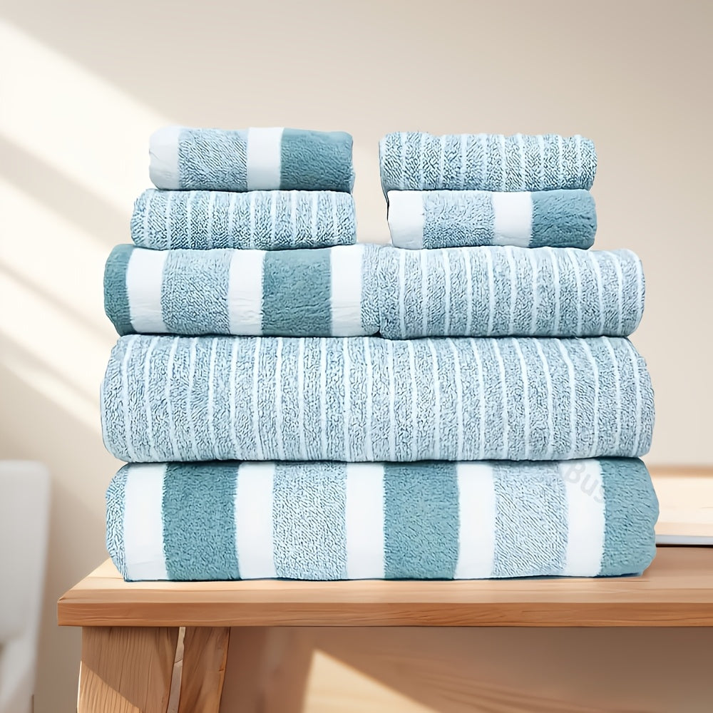 Set of 8 soft coral velvet towels, including 2 bath towels, 2 hand towels, and 4 square towels. Absorbent and quick-drying, suitable for household and travel use. Great for bathrooms, schools, and guests.