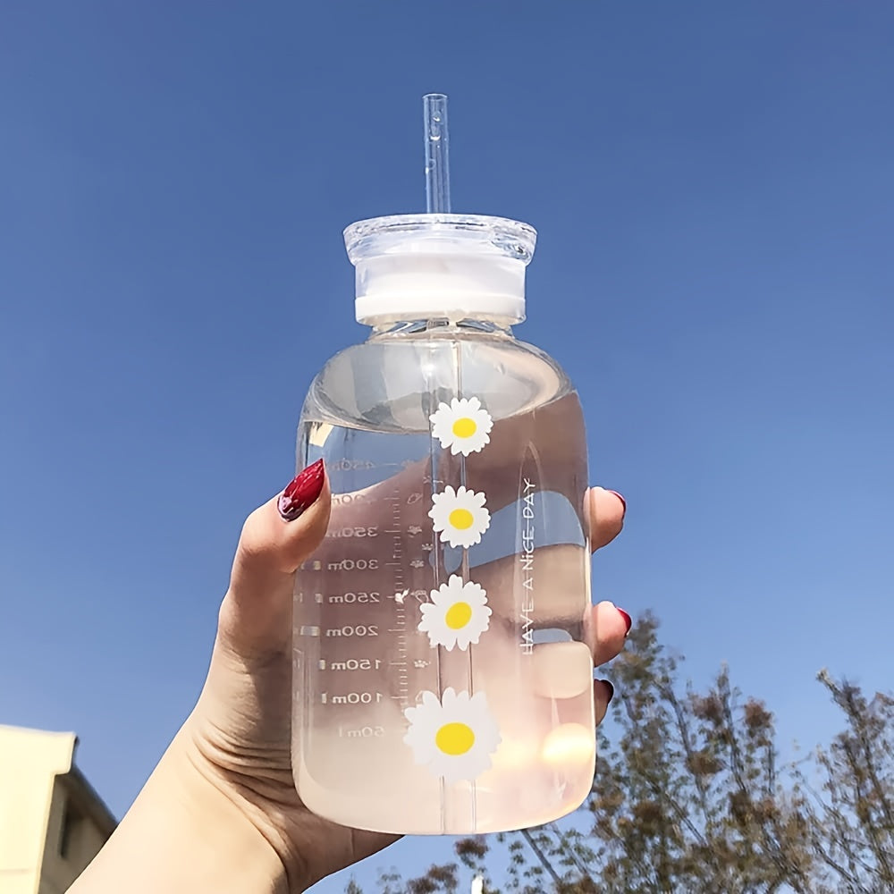 1 Matte glass water bottle with straw and scale, featuring a cute daisy sunflower design. Portable, convenient, perfect for back to school supplies.