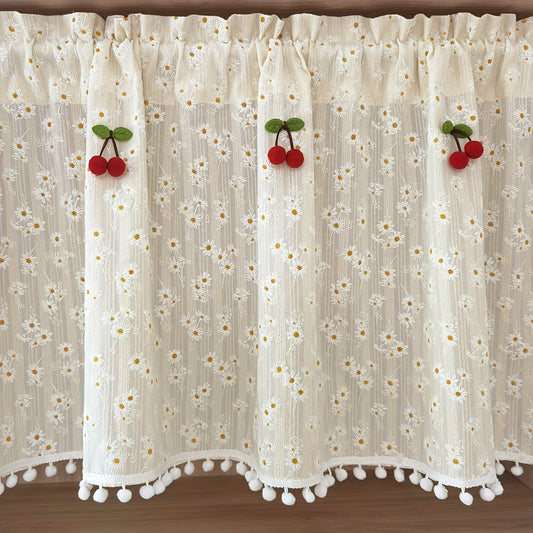 Country chic French curtains with daisies and cherries in red – perfect for kitchen, porch, or cabinet windows. Features a rod pocket design and easy-to-clean polyester fabric for charming home decor.