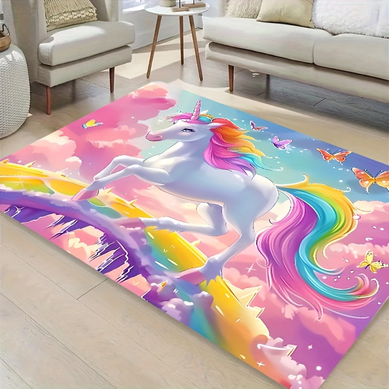 Add a touch of whimsy to your space with the Whimsy Woods Unicorn Area Mat. Made from durable 8mm thick polyester, this cartoon fantasy horse mat is perfect for the bedroom, living room, or entryway. It is machine washable and features a cute unicorn