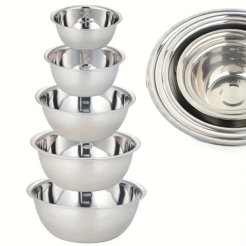 Set of 5 stainless steel mixing bowls with scales - perfect for cooking, baking, and meal prep - versatile kitchen bowls for washing and serving - complete with baking utensils