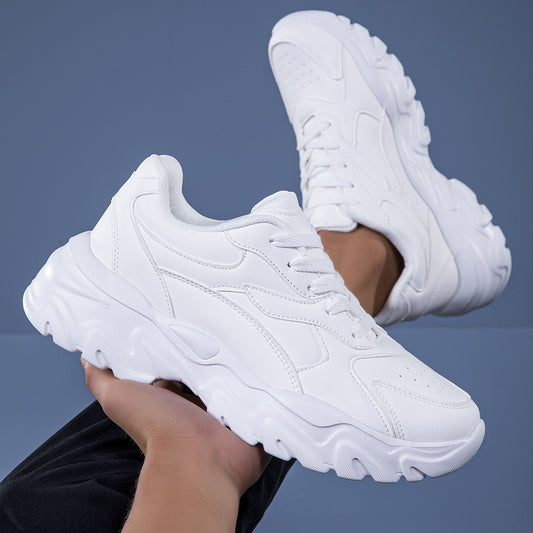 Men's White Chunky Sneakers with low top lace-up design, PU upper, fabric inner & insole, EVA sole for running and casual wear, cushioned and trendy, textured fabric shoes.