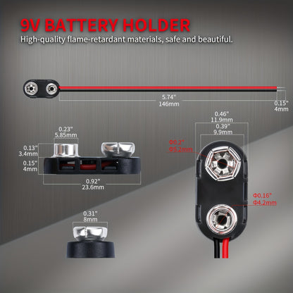 Battery Terminal Connector Set including 10pcs of Type I Plastic Hard Shell 9V Battery Buckles with 150mm Cable Length, 4 Crocodile Clips, and 2 DC Male Plugs.