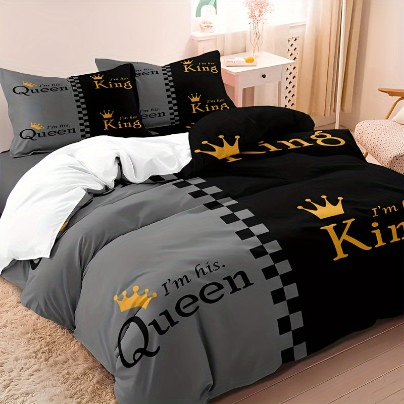 King & Queen Crown 3pcs Duvet Cover Set - Soft Breathable Polyester, Zipper Closure - Includes 1 Duvet Cover & 2 Pillowcases, Machine Washable, Digital Print