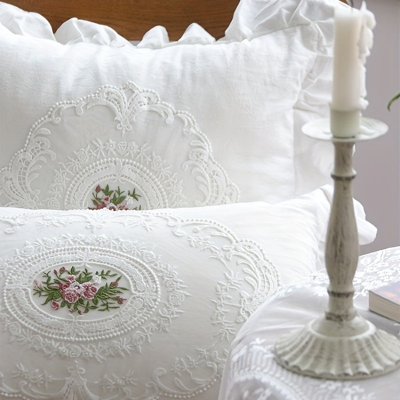 Rustic embroidery pillow case with French ruffle, for living room or bedroom decor. No pillow insert, available in 18"x18" or 12"x20" sizes.