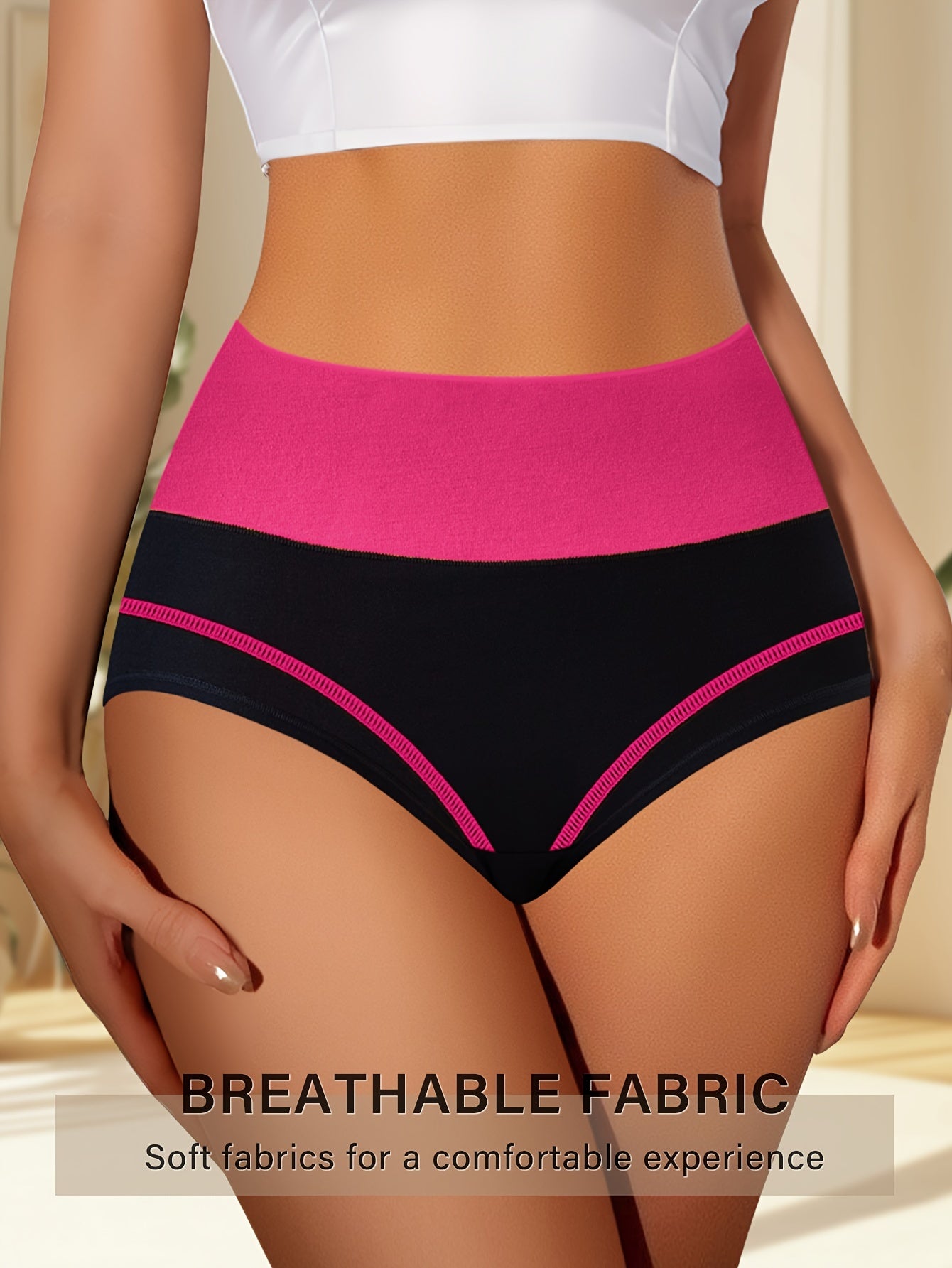 4 high waist tummy control panties with contrast color, comfortable fit.