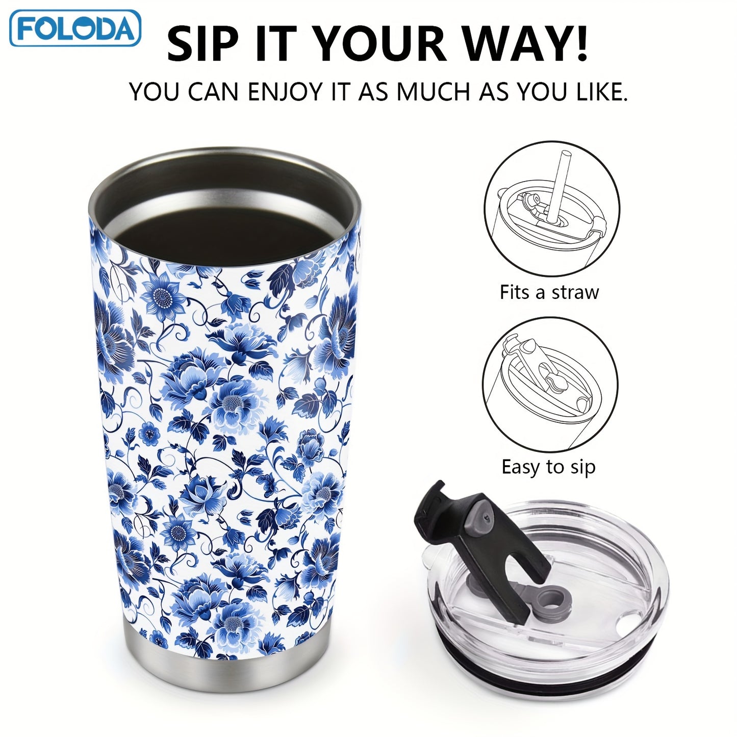 Foloda 20oz Ko'k Gullar Stainless Steel Tumbler - Qopqoq va Qalam bilan Ikki Qavatli Bo'shliq Izolyatsiyalangan Sayohat Kofe, Ayollar uchun Ideal Sovg'a - Faqat Qo'lda Yuvish