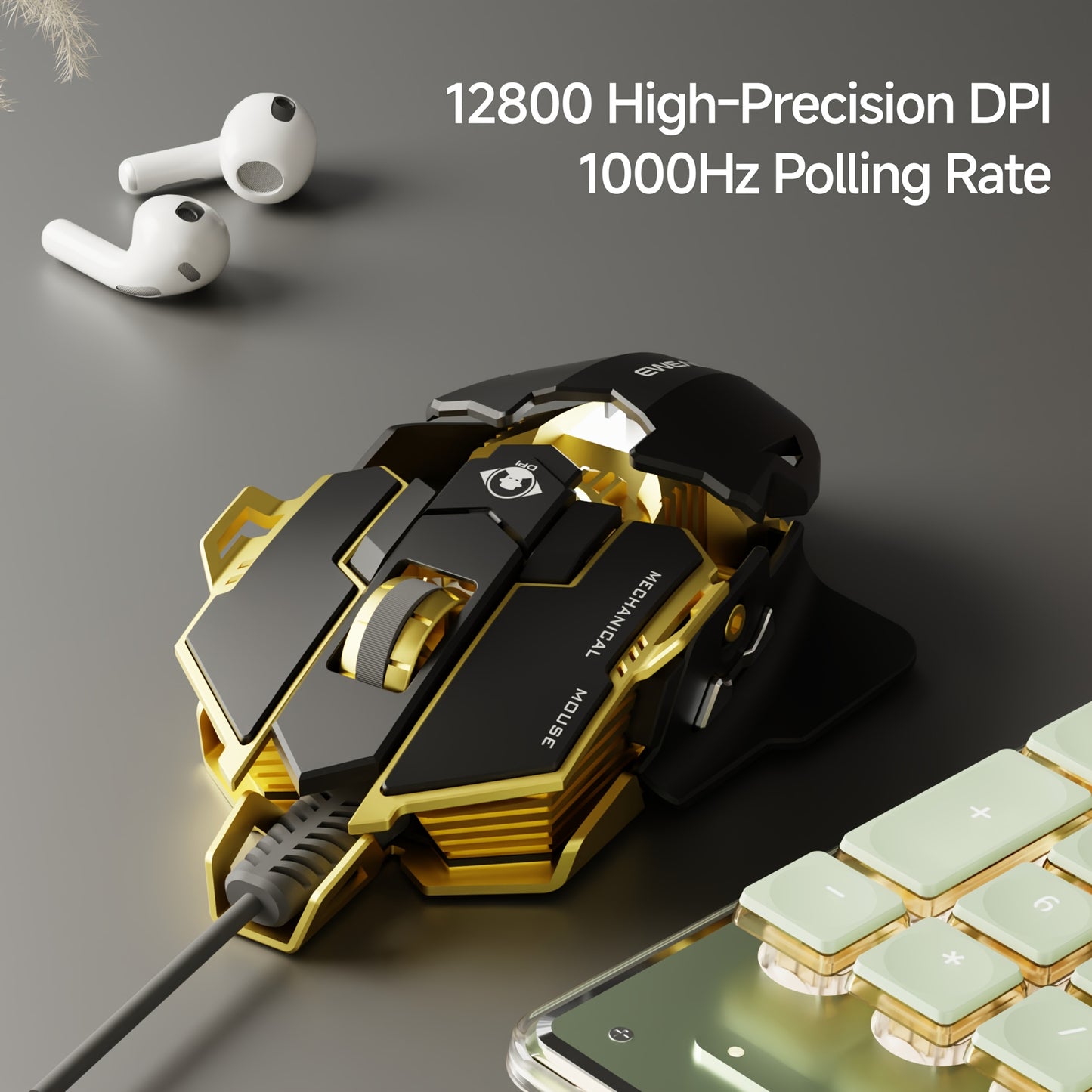 EWEADN G5 USB Wired Gaming Mouse offers silent or audible clicks, metal mechanical design with 8 macro function keys. Tail length can be adjusted to fit different hand sizes, making it