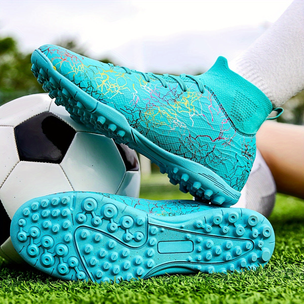 Men's turf soccer cleats with rubber sole and fabric inner material for artificial grass fields.