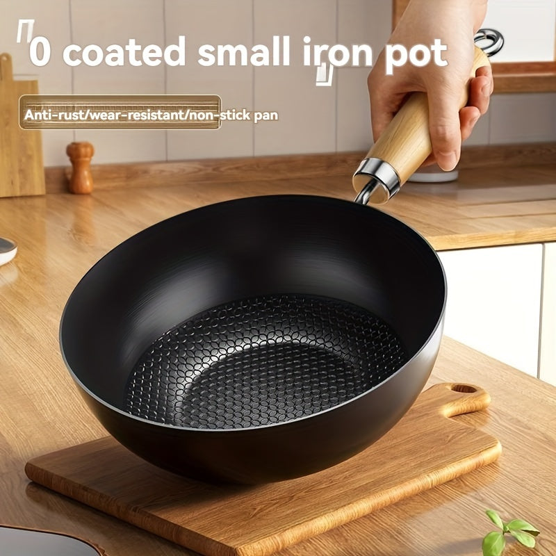 Durable Kitchen Cookware: Non-Stick Single Serving Uncoated Pan with Lid for Gas Ranges - Traditional Chinese Mini Iron Wok