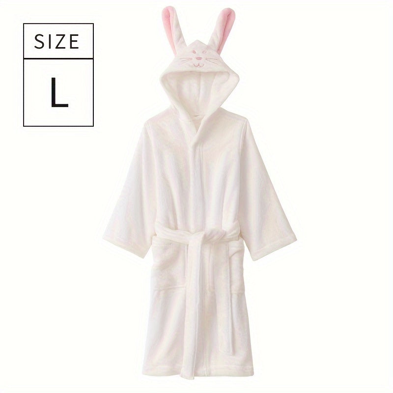 Children's bathrobe with cute rabbit face design, made of quick-drying absorbent cotton. Perfect for home or bathroom use.