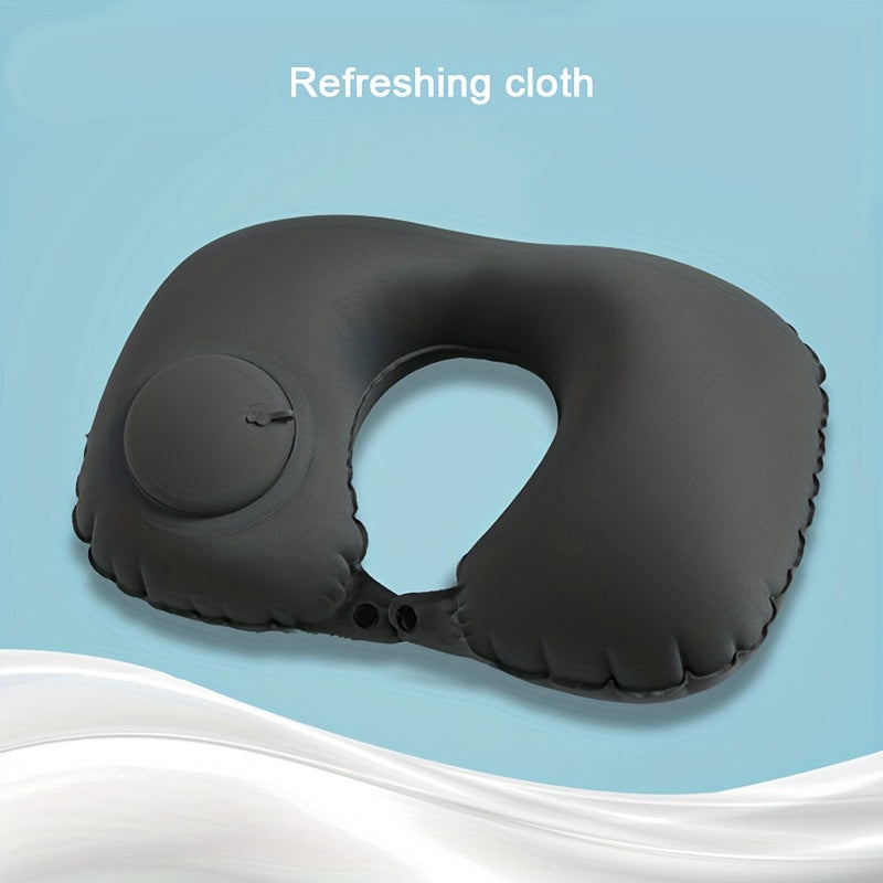 Soft and portable U-shaped inflatable pillow designed for comfortable sleeping while traveling on airplanes, trains, or in the office