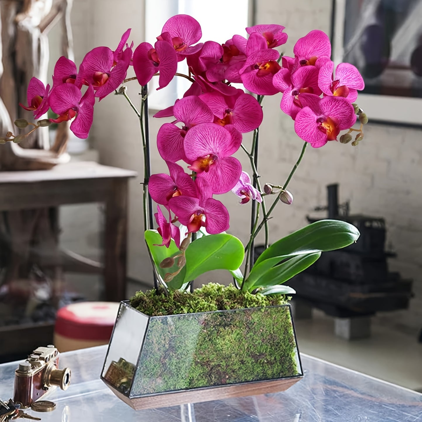 68.58cm vibrant purple red latex orchid with long stem. Perfect for weddings, home decor, and parties. Ideal for high vases, tabletops, and seasonal displays. Great decorative accessory.