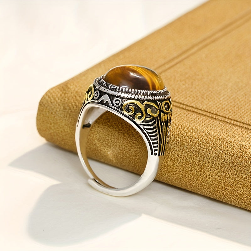 Retro Western Inspired 18K Gold Plated Copper Ring featuring a Beautiful Amber Stone, Open Cuff Design for Men and Women, Perfect for Everyday wear and Travel, Suitable for any Season - Perfect for the Holidays