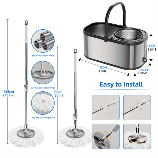 No need for electricity with this Stainless Steel Spin Mop and Bucket Set, featuring a 360-Degree Rotating Mop and Reusable Microfiber Head for cleaning in the Living Room, Bedroom, Bathroom, Toilet, and Kitchen.