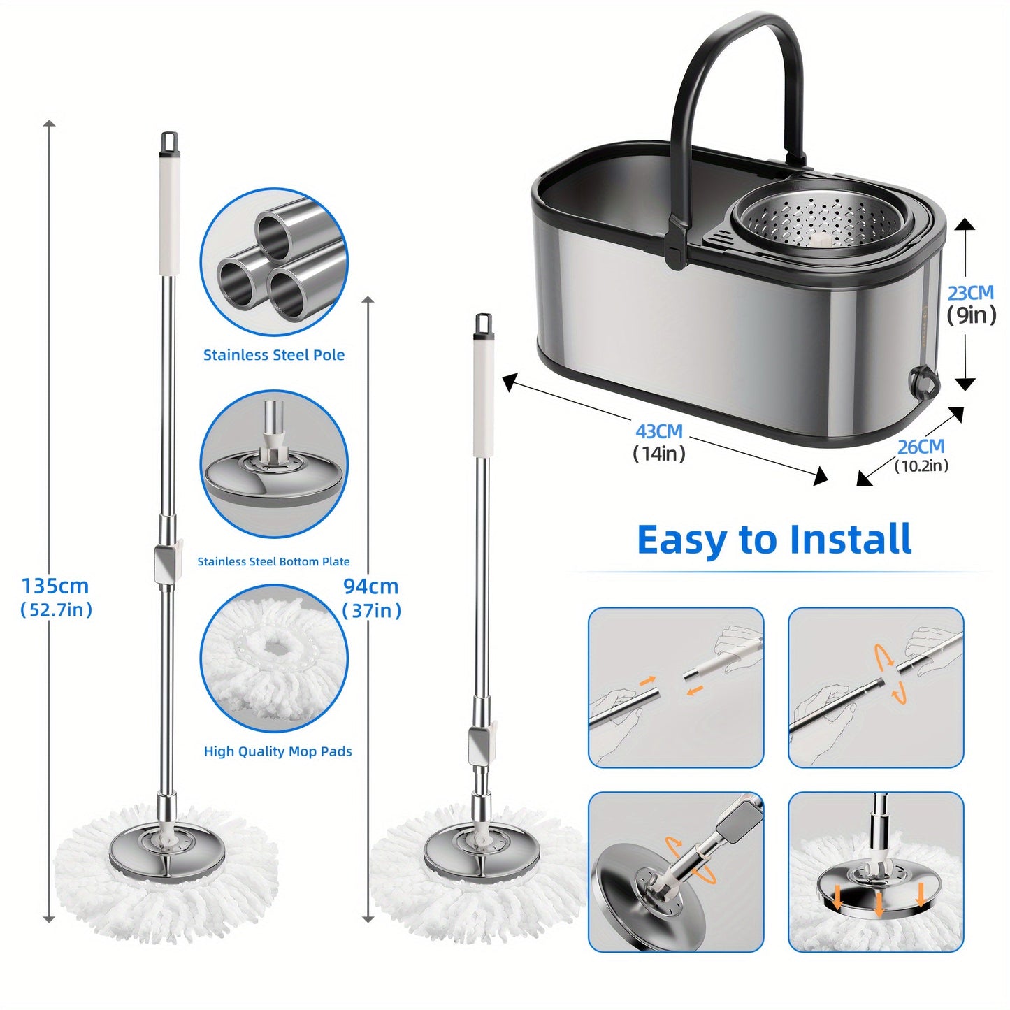 Introducing the BASSFLY Stainless Steel Spin Mop and Bucket Set, complete with 2 replacement heads and a convenient carrying handle. This 360-degree rotating mop makes cleaning a breeze, perfect for any room in your home - from the living room to the